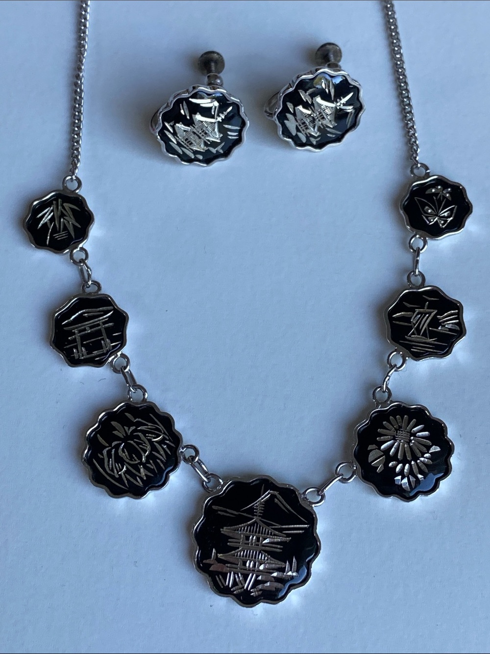 Vintage 1940’s Japanese Mount Fuji Sterling Silver Damascene Necklace set